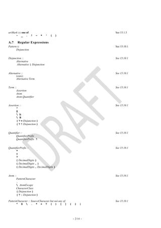 uriMark ::: one of                                                  See 15.1.3
      - _ . !             ~   *    „   (   )

A.7     Regular Expressions
Pattern ::                                                          See 15.10.1
       Disjunction


Disjunction ::                                                      See 15.10.1
      Alternative
       Alternative | Disjunction


Alternative ::                                                      See 15.10.1
       [empty]
       Alternative Term


Term ::                                                             See 15.10.1
       Assertion
       Atom
       Atom Quantifier


Assertion ::                                                        See 15.10.1
       ^
       $
        b
        B
       ( ? = Disjunction )
       ( ? ! Disjunction )


Quantifier ::                                                       See 15.10.1
      QuantifierPrefix
      QuantifierPrefix ?


QuantifierPrefix ::                                                 See 15.10.1
      *
      +
      ?
      { DecimalDigits }
      { DecimalDigits , }
      { DecimalDigits , DecimalDigits }


Atom ::                                                             See 15.10.1
       PatternCharacter
       .
        AtomEscape
       CharacterClass
       ( Disjunction )
       ( ? : Disjunction )

PatternCharacter :: SourceCharacter but not any of:                 See 15.10.1
       ^ $  . * + ? ( ) [ ]                          {    }   |




                                                          - 214 -
 