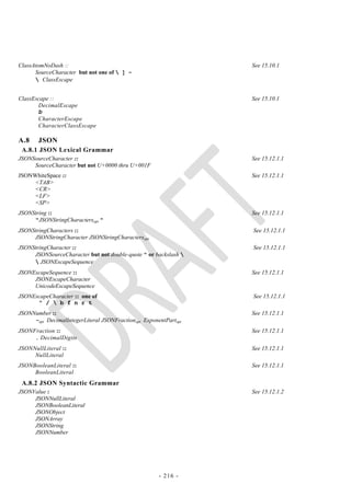 ClassAtomNoDash ::                                                See 15.10.1
      SourceCharacter but not one of  ] -
       ClassEscape


ClassEscape ::                                                    See 15.10.1
       DecimalEscape
       b
       CharacterEscape
       CharacterClassEscape

A.8    JSON
 A.8.1 JSON Lexical Grammar
JSONSourceCharacter ::                                            See 15.12.1.1
     SourceCharacter but not U+0000 thru U+001F
JSONWhiteSpace ::                                                 See 15.12.1.1
     <TAB>
     <CR>
     <LF>
     <SP>
JSONString ::                                                     See 15.12.1.1
     "JSONStringCharactersopt "
JSONStringCharacters ::                                           See 15.12.1.1
     JSONStringCharacter JSONStringCharactersopt
JSONStringCharacter ::                                            See 15.12.1.1
     JSONSourceCharacter but not double-quote " or backslash 
      JSONEscapeSequence
JSONEscapeSequence ::                                             See 15.12.1.1
     JSONEscapeCharacter
     UnicodeEscapeSequence
JSONEscapeCharacter :: one of                                     See 15.12.1.1
      " /  b f n r t
JSONNumber ::                                                     See 15.12.1.1
     -opt DecimalIntegerLiteral JSONFractionopt ExponentPartopt
JSONFraction ::                                                   See 15.12.1.1
     . DecimalDigits
JSONNullLiteral ::                                                See 15.12.1.1
     NullLiteral
JSONBooleanLiteral ::                                             See 15.12.1.1
     BooleanLiteral
 A.8.2 JSON Syntactic Grammar
JSONValue :                                                       See 15.12.1.2
     JSONNullLiteral
     JSONBooleanLiteral
     JSONObject
     JSONArray
     JSONString
     JSONNumber




                                                      - 216 -
 