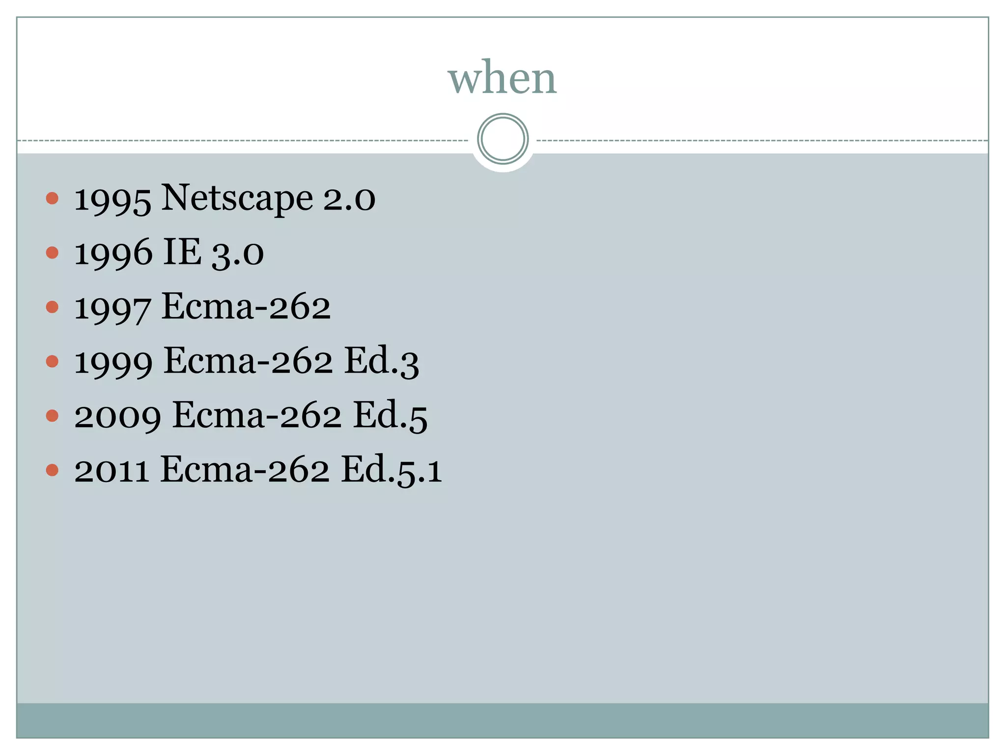 when

 1995 Netscape 2.0
 1996 IE 3.0
 1997 Ecma-262
 1999 Ecma-262 Ed.3
 2009 Ecma-262 Ed.5
 2011 Ecma-262 Ed.5.1
 