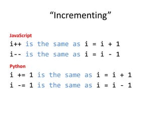 “Incrementing”
JavaScript

i++ is the same as i = i + 1
i-- is the same as i = i - 1
Python

i += 1 is the same as i = i + 1
i -= 1 is the same as i = i - 1

 