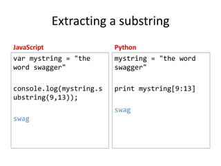 Extracting a substring
JavaScript

Python

var mystring = "the
word swagger"

mystring = "the word
swagger"

console.log(mystring.s
ubstring(9,13));

print mystring[9:13]
swag

swag

 
