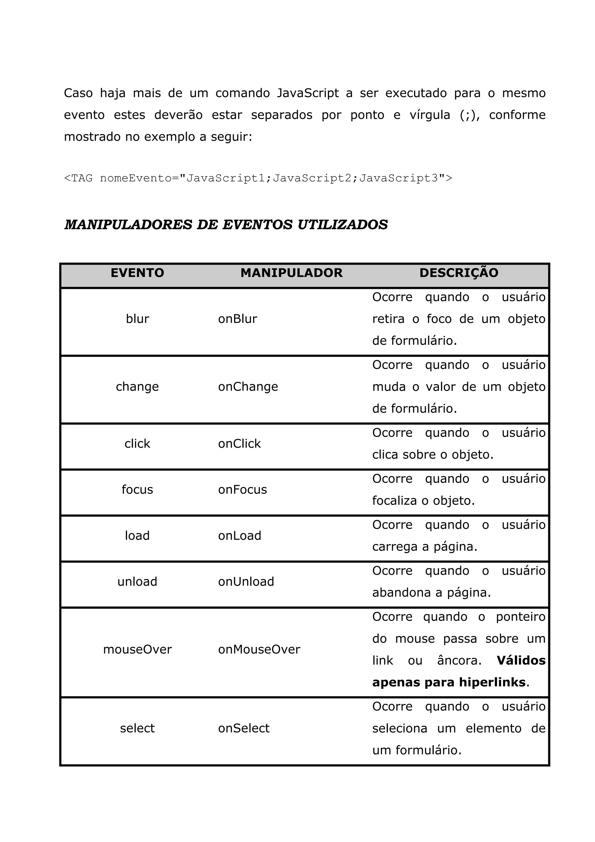 Caso haja mais de um comando JavaScript a ser executado para o mesmo evento estes deverão estar separados por ponto e vírgula (;), conforme mostrado no exemplo a seguir: <TAG nomeEvento="JavaScript1;JavaScript2;JavaScript3"> MANIPULADORES DE EVENTOS UTILIZADOS EVENTO MANIPULADOR DESCRIÇÃO Ocorre quando o usuário blur onBlur retira o foco de um objeto de formulário. Ocorre quando o usuário change onChange muda o valor de um objeto de formulário. Ocorre quando o usuário click onClick clica sobre o objeto. Ocorre quando o usuário focus onFocus focaliza o objeto. Ocorre quando o usuário load onLoad carrega a página. Ocorre quando o usuário unload onUnload abandona a página. Ocorre quando o ponteiro do mouse passa sobre um mouseOver onMouseOver link ou âncora. Válidos apenas para hiperlinks. Ocorre quando o usuário select onSelect seleciona um elemento de um formulário. 