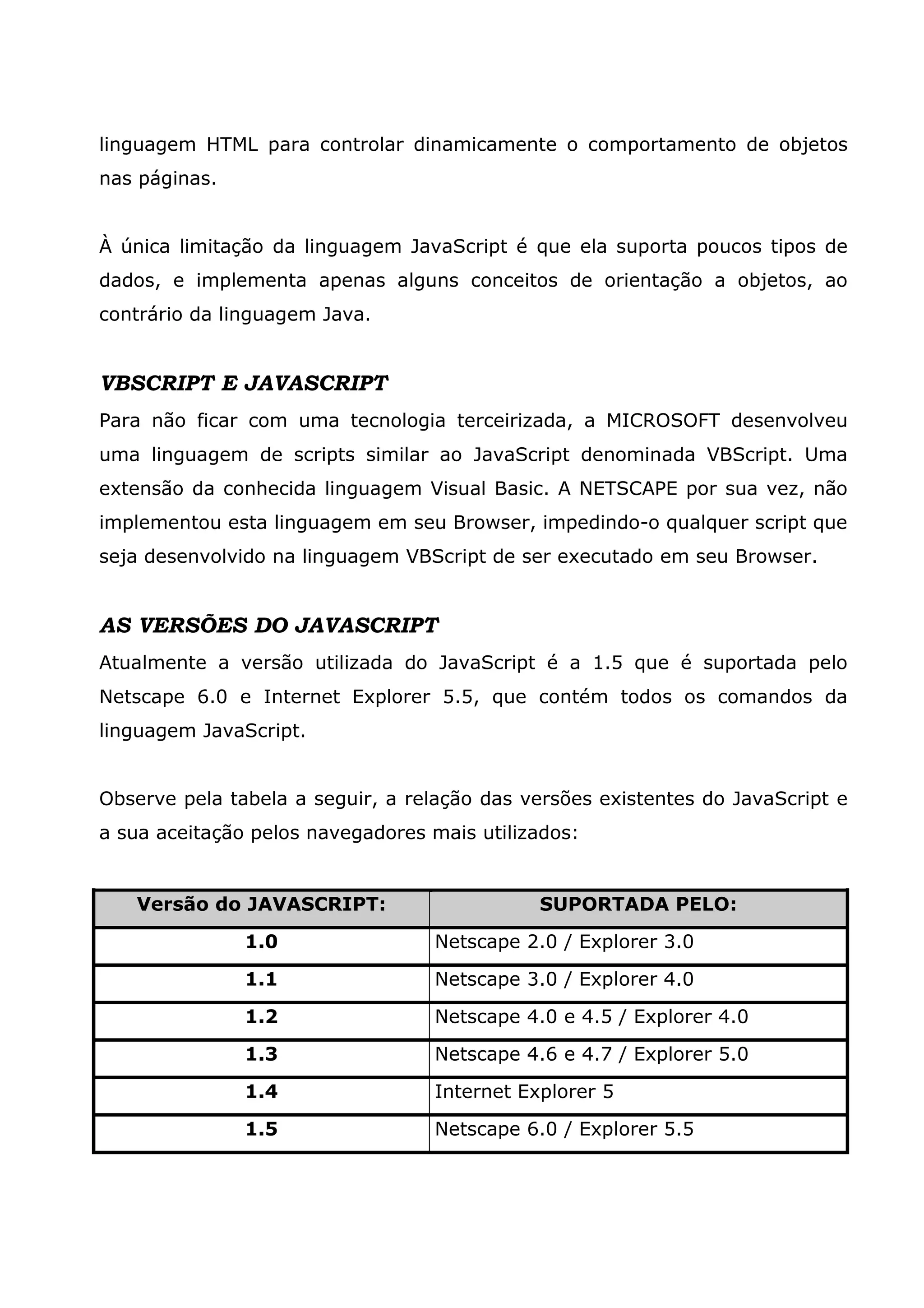 linguagem HTML para controlar dinamicamente o comportamento de objetos nas páginas. À única limitação da linguagem JavaScript é que ela suporta poucos tipos de dados, e implementa apenas alguns conceitos de orientação a objetos, ao contrário da linguagem Java. VBSCRIPT E JAVASCRIPT Para não ficar com uma tecnologia terceirizada, a MICROSOFT desenvolveu uma linguagem de scripts similar ao JavaScript denominada VBScript. Uma extensão da conhecida linguagem Visual Basic. A NETSCAPE por sua vez, não implementou esta linguagem em seu Browser, impedindo-o qualquer script que seja desenvolvido na linguagem VBScript de ser executado em seu Browser. AS VERSÕES DO JAVASCRIPT Atualmente a versão utilizada do JavaScript é a 1.5 que é suportada pelo Netscape 6.0 e Internet Explorer 5.5, que contém todos os comandos da linguagem JavaScript. Observe pela tabela a seguir, a relação das versões existentes do JavaScript e a sua aceitação pelos navegadores mais utilizados: Versão do JAVASCRIPT: SUPORTADA PELO: 1.0 Netscape 2.0 / Explorer 3.0 1.1 Netscape 3.0 / Explorer 4.0 1.2 Netscape 4.0 e 4.5 / Explorer 4.0 1.3 Netscape 4.6 e 4.7 / Explorer 5.0 1.4 Internet Explorer 5 1.5 Netscape 6.0 / Explorer 5.5 