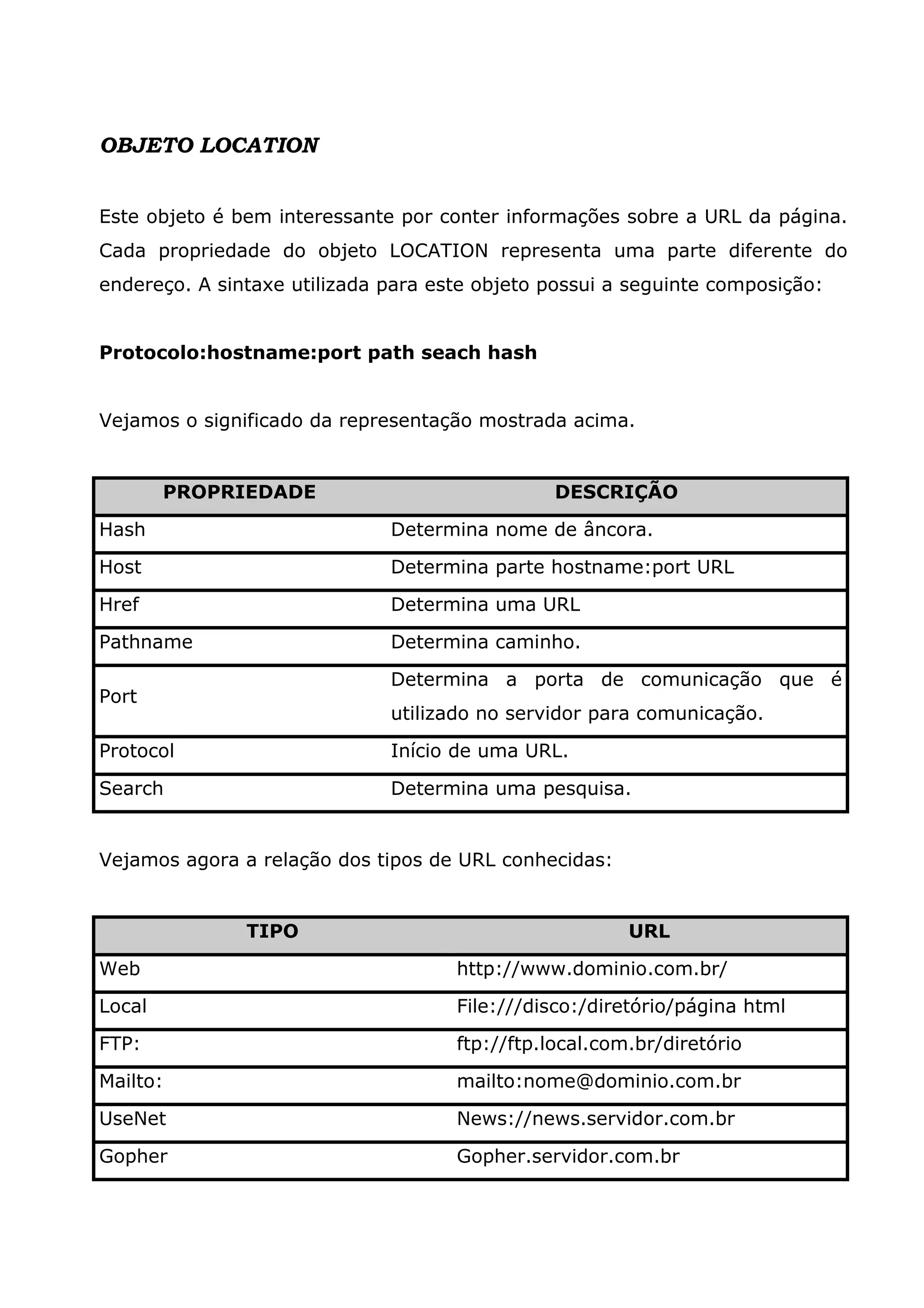 OBJETO LOCATION Este objeto é bem interessante por conter informações sobre a URL da página. Cada propriedade do objeto LOCATION representa uma parte diferente do endereço. A sintaxe utilizada para este objeto possui a seguinte composição: Protocolo:hostname:port path seach hash Vejamos o significado da representação mostrada acima. PROPRIEDADE DESCRIÇÃO Hash Determina nome de âncora. Host Determina parte hostname:port URL Href Determina uma URL Pathname Determina caminho. Determina a porta de comunicação que é Port utilizado no servidor para comunicação. Protocol Início de uma URL. Search Determina uma pesquisa. Vejamos agora a relação dos tipos de URL conhecidas: TIPO URL Web http://www.dominio.com.br/ Local File:///disco:/diretório/página html FTP: ftp://ftp.local.com.br/diretório Mailto: mailto:nome@dominio.com.br UseNet News://news.servidor.com.br Gopher Gopher.servidor.com.br 