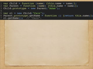 1 var Child = function (name) {this.name = name;};
2 var Parent = function (name) {this.name = name;};
3 Child.prototype = new Parent("Adam");
4
5 var c1 = new Child("Cain");
6 Parent.prototype.getName = function () {return this.name;};
7 c1.getName(); // “Cain”.
Child
Child
proto
Parent
Parent
proto
AdamCain
メソッド
getName
Object
Object
proto
toString
valueOf
etc...
 