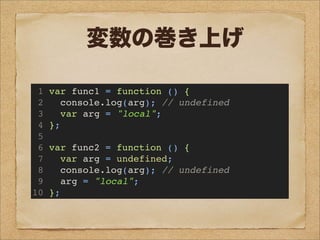 1 var func1 = function () {
2 console.log(arg); // undefined
3 var arg = "local";
4 };
5
6 var func2 = function () {
7 var arg = undefined;
8 console.log(arg); // undefined
9 arg = "local";
10 };
変数の巻き上げ
 