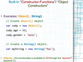 17
Built-In “Constructor-Functions”/ “Object
Constructors”
●
Examples: Object() , String()
// Create Object() object
var cody = new Object();
cody.age = 33;
cody.gender = 'male';
// Create a String() object.
var myString = new String('foo');
● Object() - this functionality is available in C# through the “dynamic”
keyword (?)
 