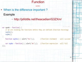51
Function
(contd.)
● When is the difference important ?
Example
– http://jsfiddle.net/theacadian/G3ZXm/
 