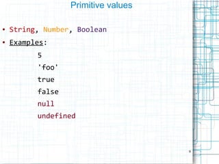 9
Primitive values
● String, Number, Boolean
● Examples:
5
'foo'
true
false
null
undefined
 