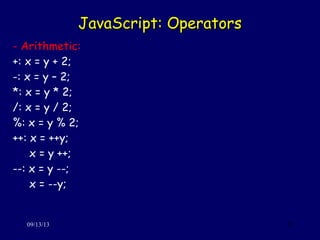 JavaScript: OperatorsJavaScript: Operators
09/13/13 23
- Arithmetic:
+: x = y + 2;
-: x = y – 2;
*: x = y * 2;
/: x = y / 2;
%: x = y % 2;
++: x = ++y;
x = y ++;
--: x = y --;
x = --y;
 