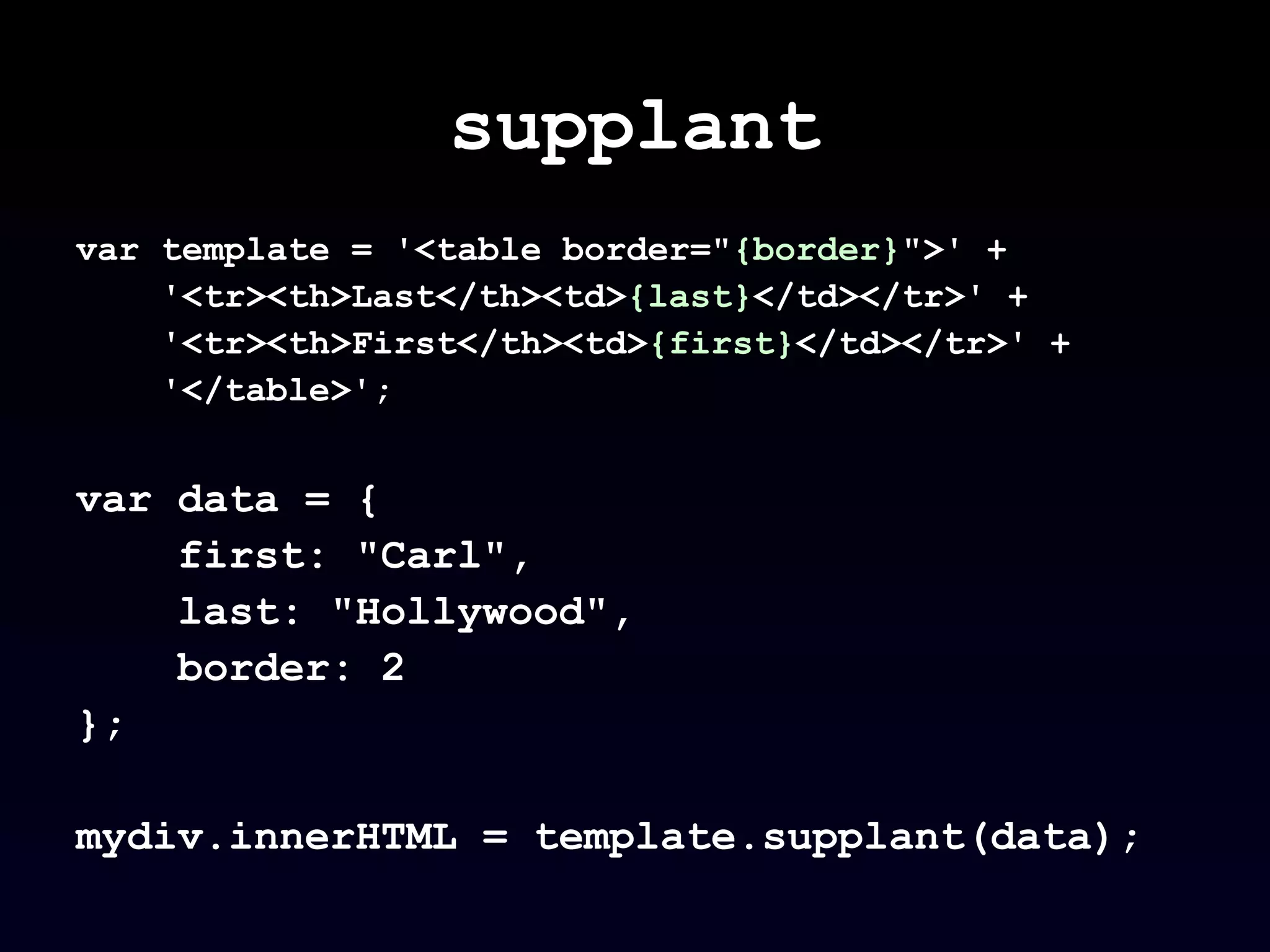 supplant
var template = '<table border="{border}">' +
'<tr><th>Last</th><td>{last}</td></tr>' +
'<tr><th>First</th><td>{first}</td></tr>' +
'</table>';
var data = {
first: "Carl",
last: "Hollywood",
border: 2
};
mydiv.innerHTML = template.supplant(data);
 