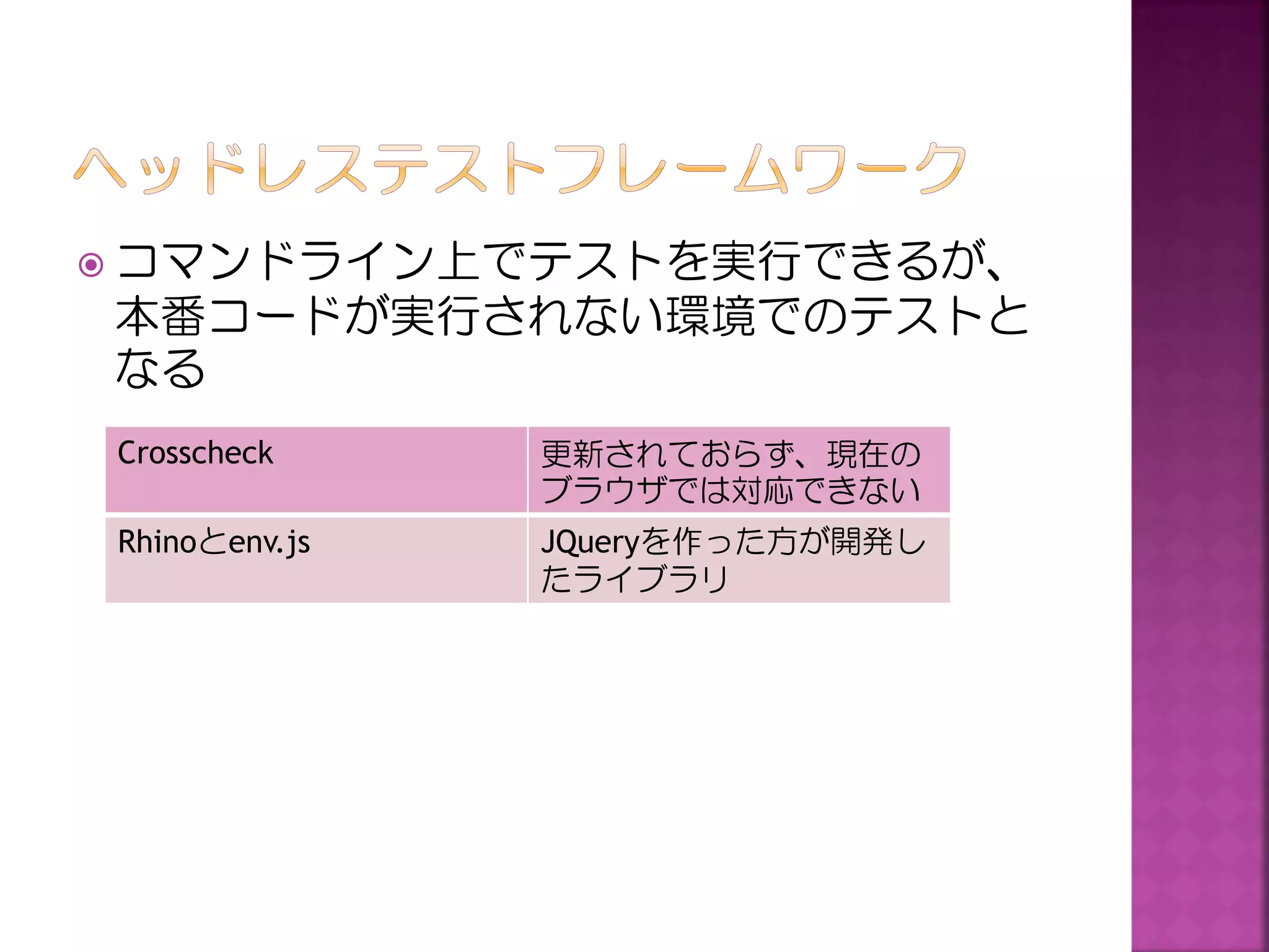  コマンドライン上でテストを実行できるが、

本番コードが実行されない環境でのテストと
なる
Crosscheck

更新されておらず、現在の
ブラウザでは対応できない

Rhinoとenv.js

JQueryを作った方が開発し
たライブラリ

 