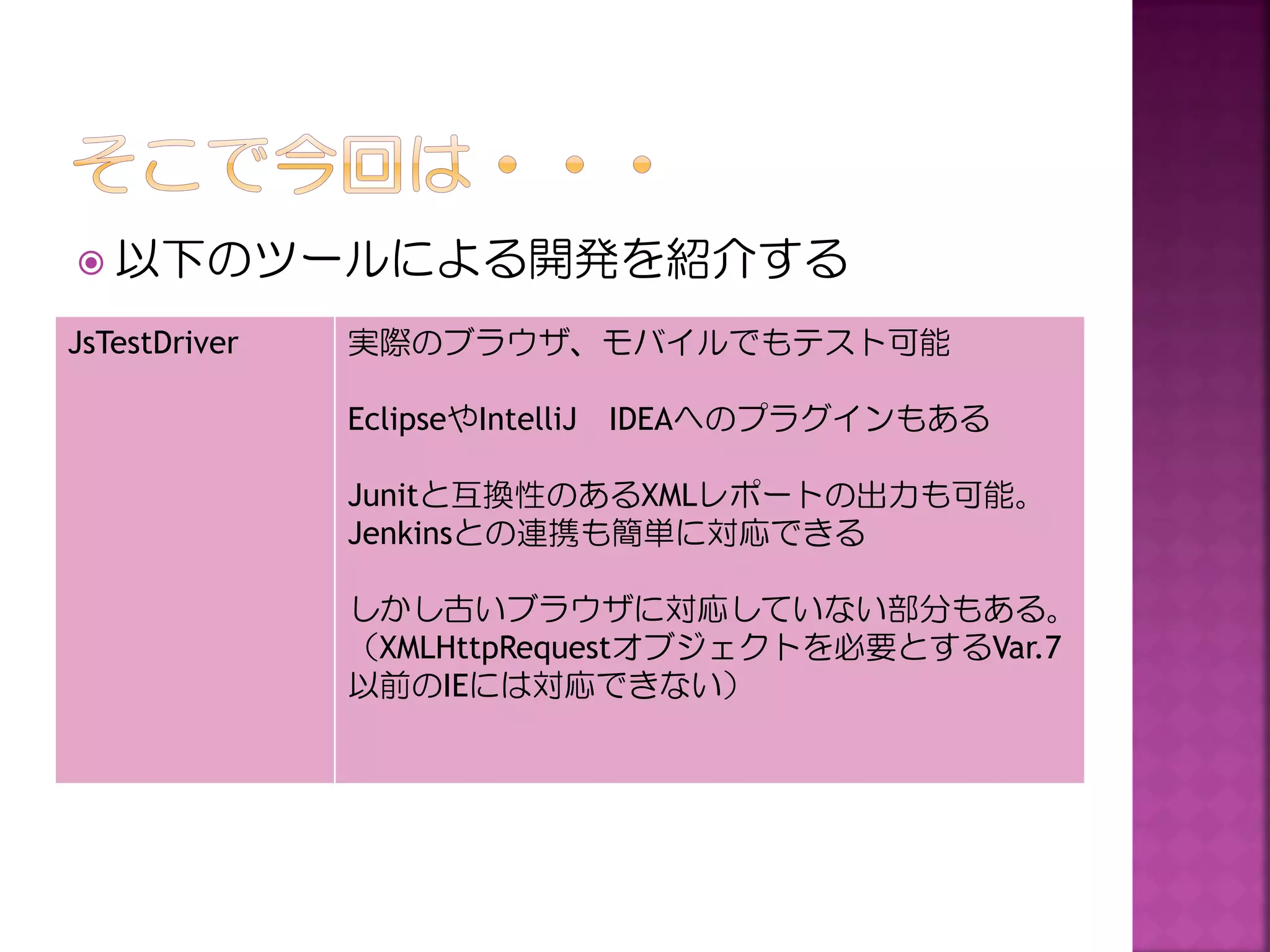  以下のツールによる開発を紹介する
JsTestDriver

実際のブラウザ、モバイルでもテスト可能

EclipseやIntelliJ IDEAへのプラグインもある
Junitと互換性のあるXMLレポートの出力も可能。
Jenkinsとの連携も簡単に対応できる

しかし古いブラウザに対応していない部分もある。
（XMLHttpRequestオブジェクトを必要とするVar.7
以前のIEには対応できない）

 