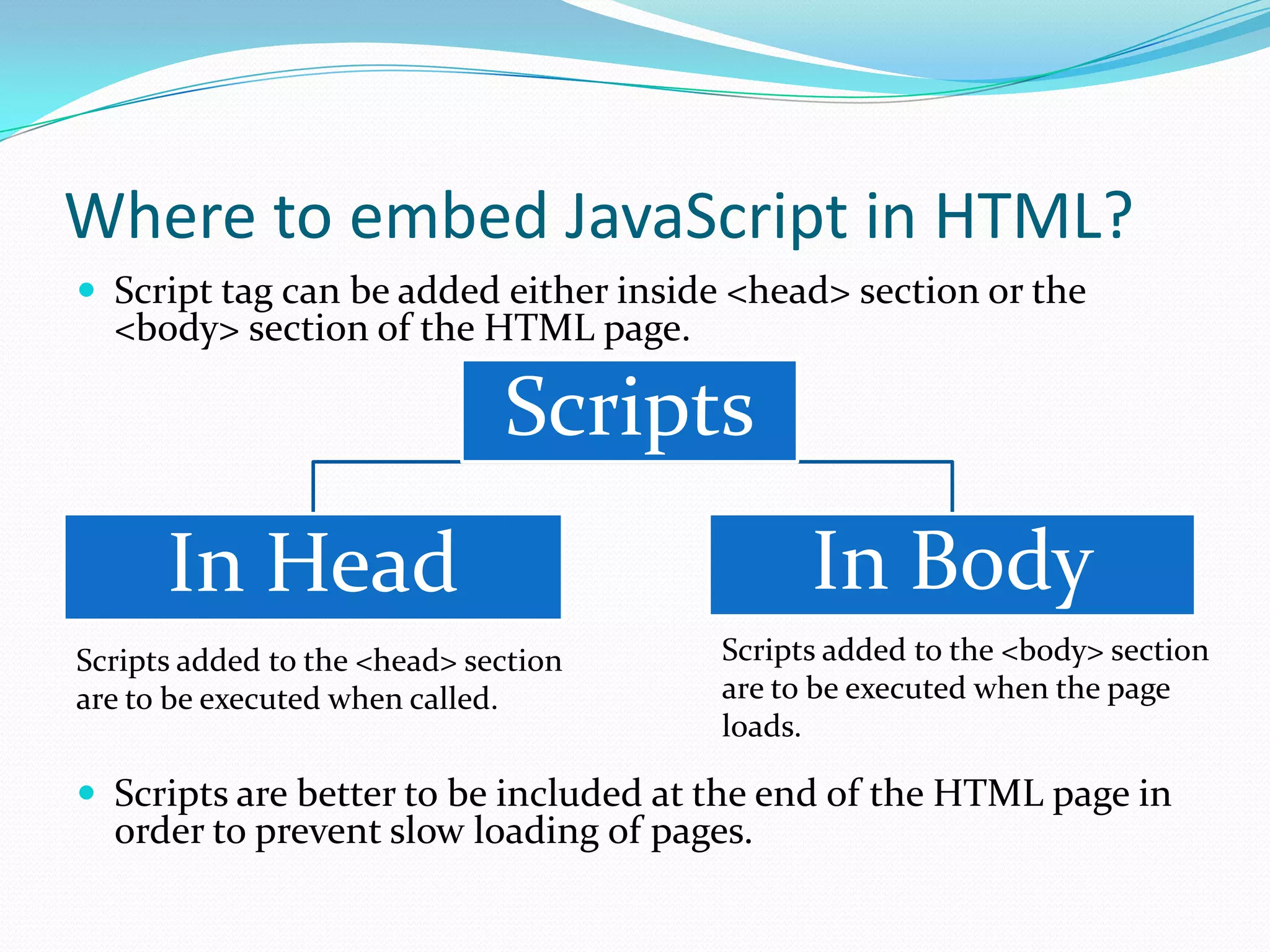 Where to embed JavaScript in HTML?
 Script tag can be added either inside <head> section or the

<body> section of the HTML page.

Scripts
In Body

In Head
Scripts added to the <head> section
are to be executed when called.

Scripts added to the <body> section
are to be executed when the page
loads.

 Scripts are better to be included at the end of the HTML page in

order to prevent slow loading of pages.

 