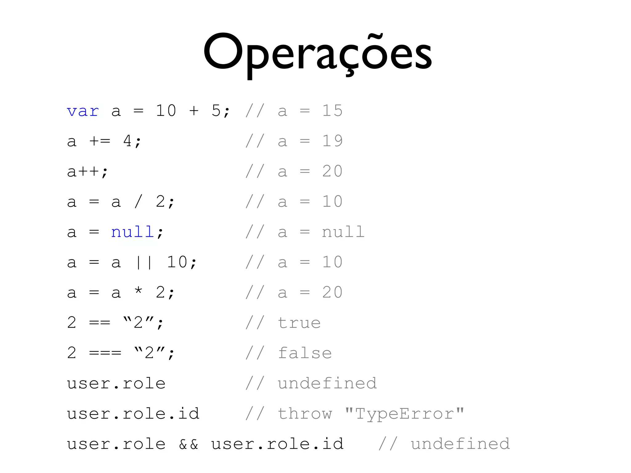 Declaração
var cargo = “desenvolvedor”;
Palavra
reservada
Nome da
variável
Operador
atribuição
Valor (literal ou outra
variável)
 
