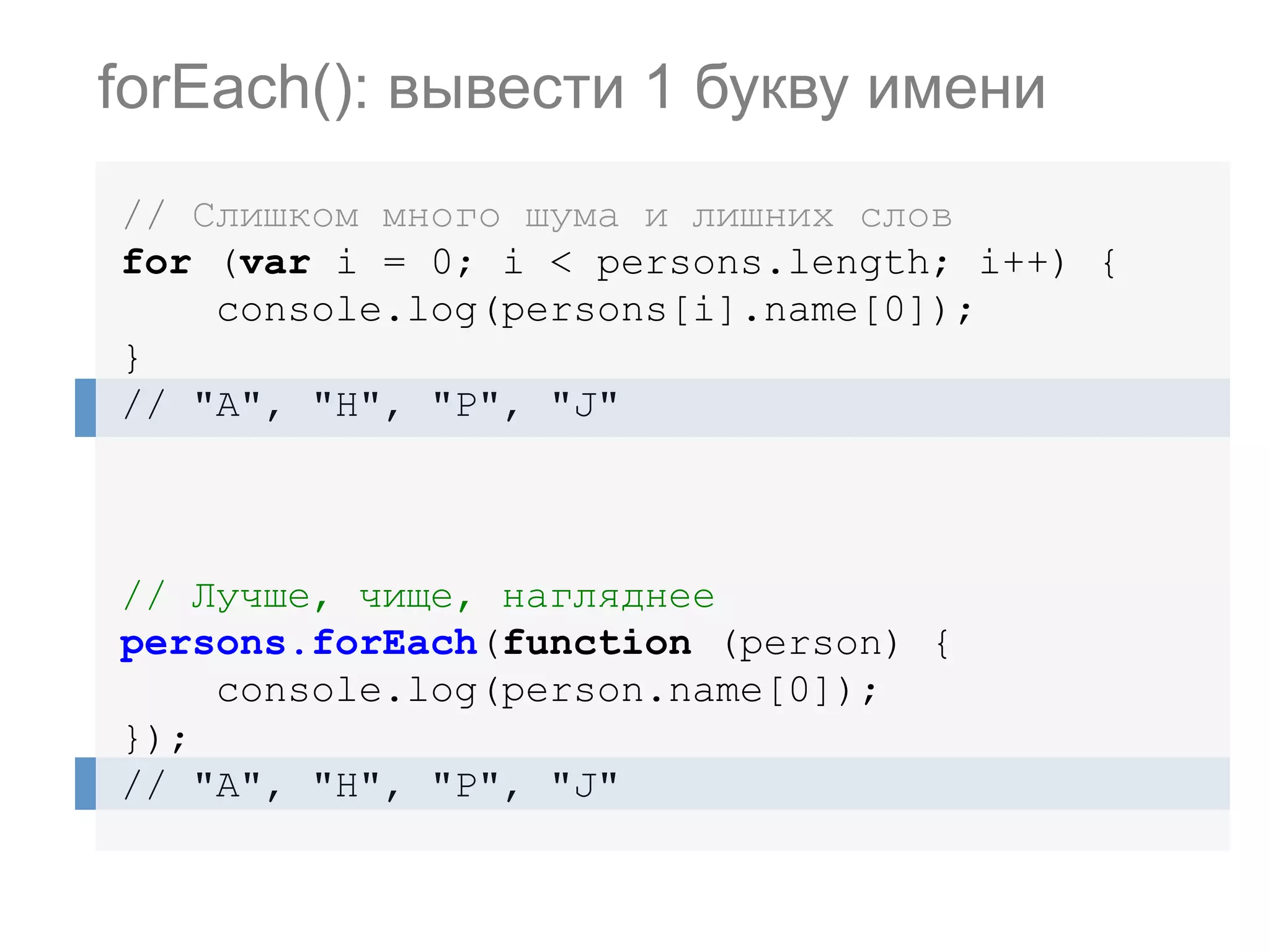 // Слишком много шума и лишних слов for (var i = 0; i < persons.length; i++) { console.log(persons[i].name[0]); } // "A", "H", "P", "J" // Лучше, чище, нагляднее persons.forEach(function (person) { console.log(person.name[0]); }); // "A", "H", "P", "J" forEach(): вывести 1 букву имени 