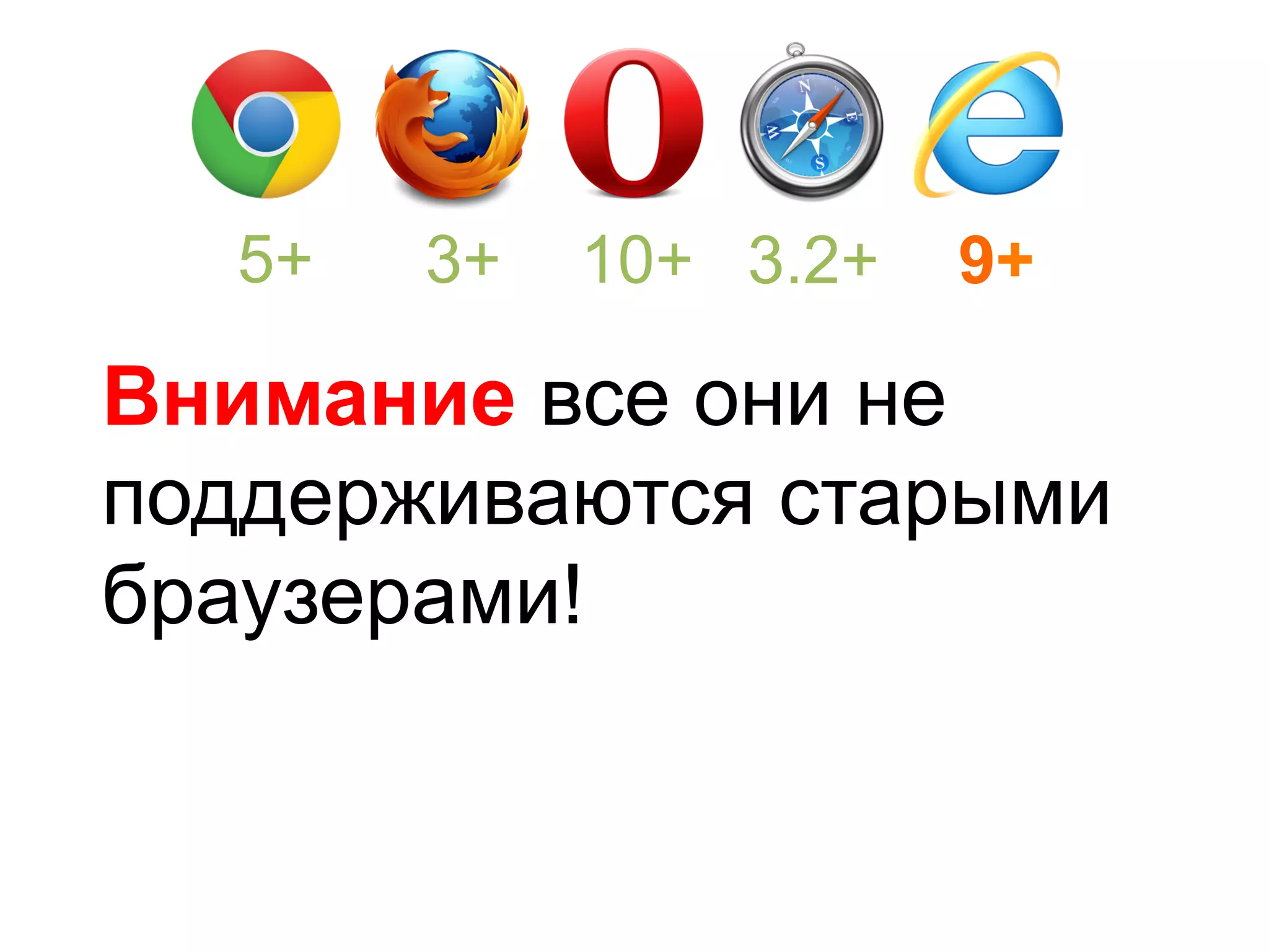 Внимание все они не поддерживаются старыми браузерами! 5+ 3+ 10+ 3.2+ 9+ 