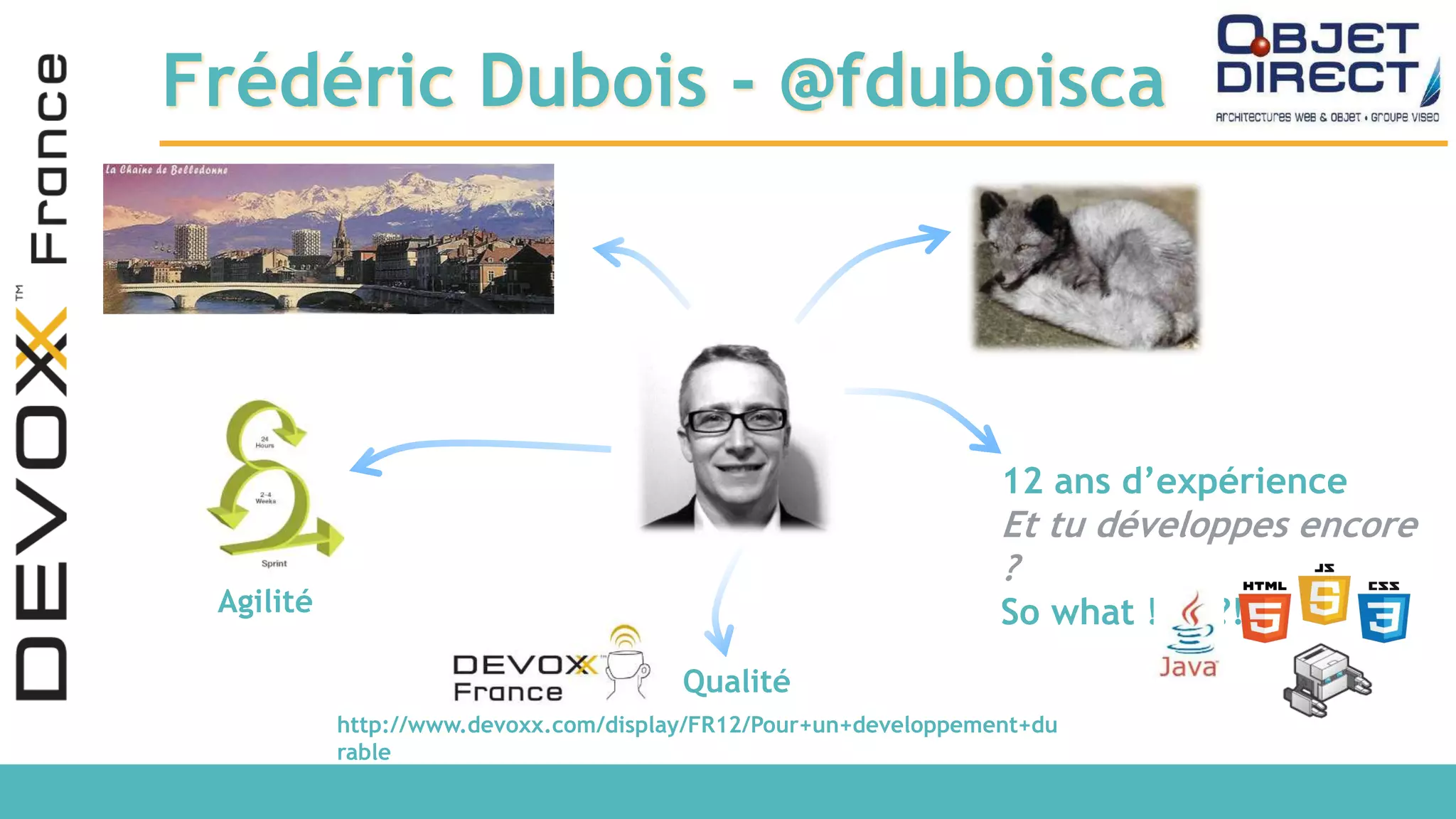 Frédéric Dubois - @fduboisca http://www.devoxx.com/display/FR12/Pour+un+developpement+du rable 12 ans d’expérience Et tu développes encore ? So what !!?!!?! Qualité Agilité 