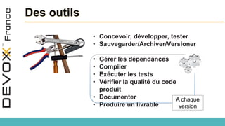 Des outils
• Concevoir, développer, tester
• Sauvegarder/Archiver/Versioner
• Gérer les dépendances
• Compiler
• Exécuter les tests
• Vérifier la qualité du code
produit
• Documenter
• Produire un livrable
A chaque
version
 