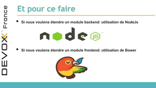 Et pour ce faire
• Si nous voulons étendre un module backend: utilisation de NodeJs
• Si nous voulons étendre un module frontend: utilisation de Bower
 