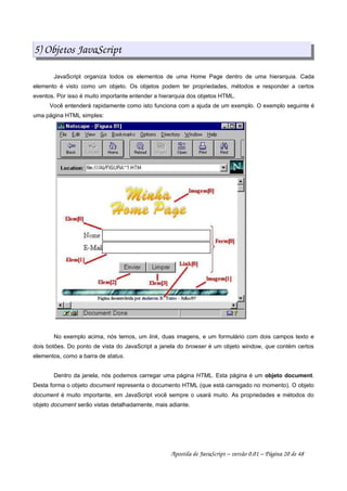 5) Objetos JavaScript
JavaScript organiza todos os elementos de uma Home Page dentro de uma hierarquia. Cada
elemento é visto como um objeto. Os objetos podem ter propriedades, métodos e responder a certos
eventos. Por isso é muito importante entender a hierarquia dos objetos HTML.
Você entenderá rapidamente como isto funciona com a ajuda de um exemplo. O exemplo seguinte é
uma página HTML simples:
No exemplo acima, nós temos, um link, duas imagens, e um formulário com dois campos texto e
dois botões. Do ponto de vista do JavaScript a janela do browser é um objeto window, que contém certos
elementos, como a barra de status.
Dentro da janela, nós podemos carregar uma página HTML. Esta página é um objeto document.
Desta forma o objeto document representa o documento HTML (que está carregado no momento). O objeto
document é muito importante, em JavaScript você sempre o usará muito. As propriedades e métodos do
objeto document serão vistas detalhadamente, mais adiante.
Apostila de JavaScript – versão 0.01 – Página 20 de 48
 
