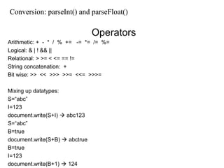 Conversion: parseInt() and parseFloat() 
Operators 
Arithmetic: + - * / % += -= *= /= %= 
Logical: & | ! && || 
Relational: > >= < <= == != 
String concatenation: + 
Bit wise: >> << >>> >>= <<= >>>= 
Mixing up datatypes: 
S=“abc” 
I=123 
document.write(S+I)  abc123 
S=“abc” 
B=true 
document.write(S+B)  abctrue 
B=true 
I=123 
document.write(B+1)  124 
 