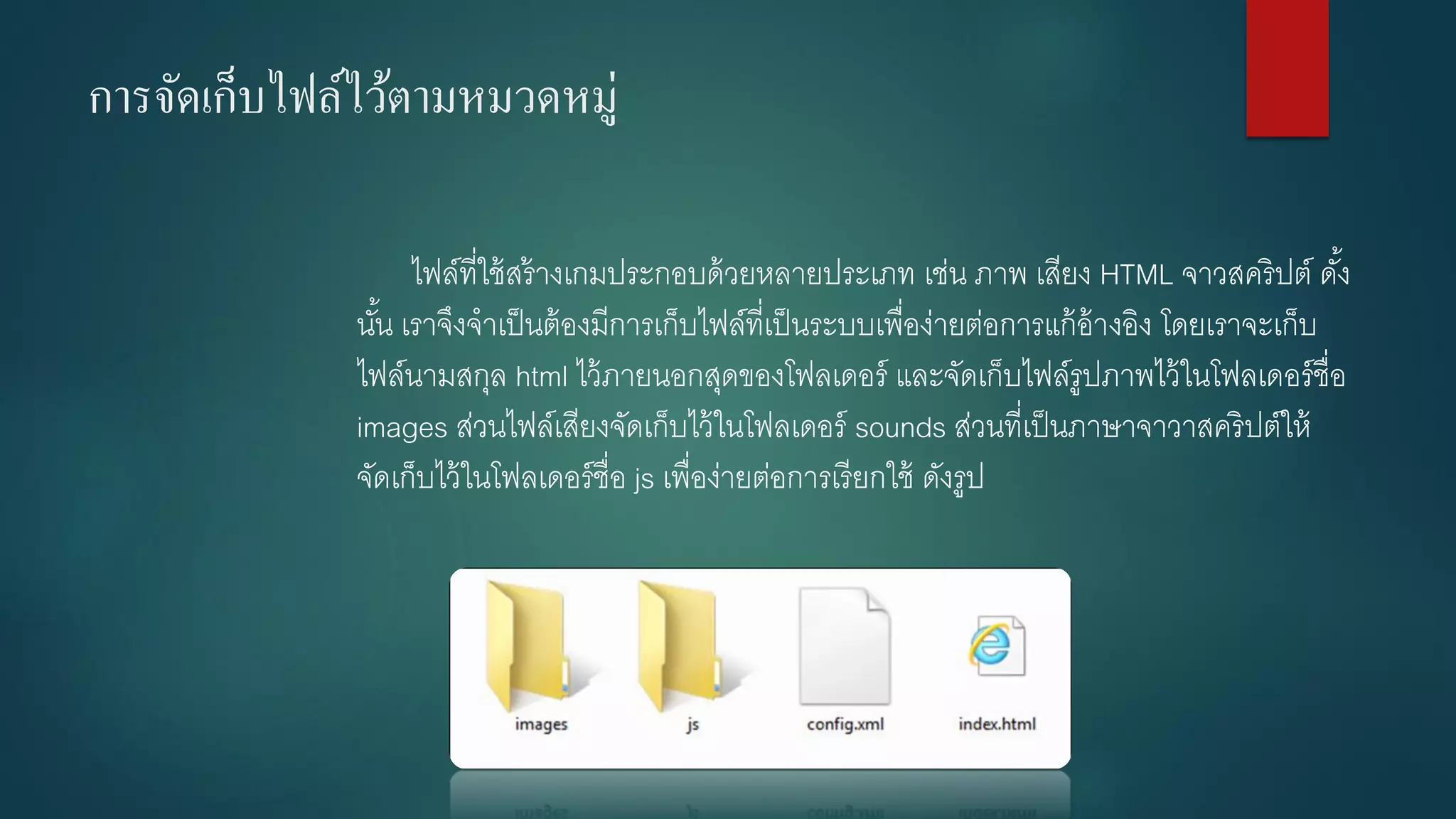 การจัดเก็บไฟล์ไว้ตามหมวดหมู่ 
ไฟล์ที่ใช้สร้างเกมประกอบด้วยหลายประเภท เช่น ภาพ เสียง HTML จาวสคริปต์ ดั้ง นั้น เราจึงจาเป็นต้องมีการเก็บไฟล์ที่เป็นระบบเพื่อง่ายต่อการแก้อ้างอิง โดยเราจะเก็บ ไฟล์นามสกุล html ไว้ภายนอกสุดของโฟลเดอร์ และจัดเก็บไฟล์รูปภาพไว้ในโฟลเดอร์ชื่อ images ส่วนไฟล์เสียงจัดเก็บไว้ในโฟลเดอร์ sounds ส่วนที่เป็นภาษาจาวาสคริปต์ให้ จัดเก็บไว้ในโฟลเดอร์ชื่อ jsเพื่อง่ายต่อการเรียกใช้ ดังรูป 