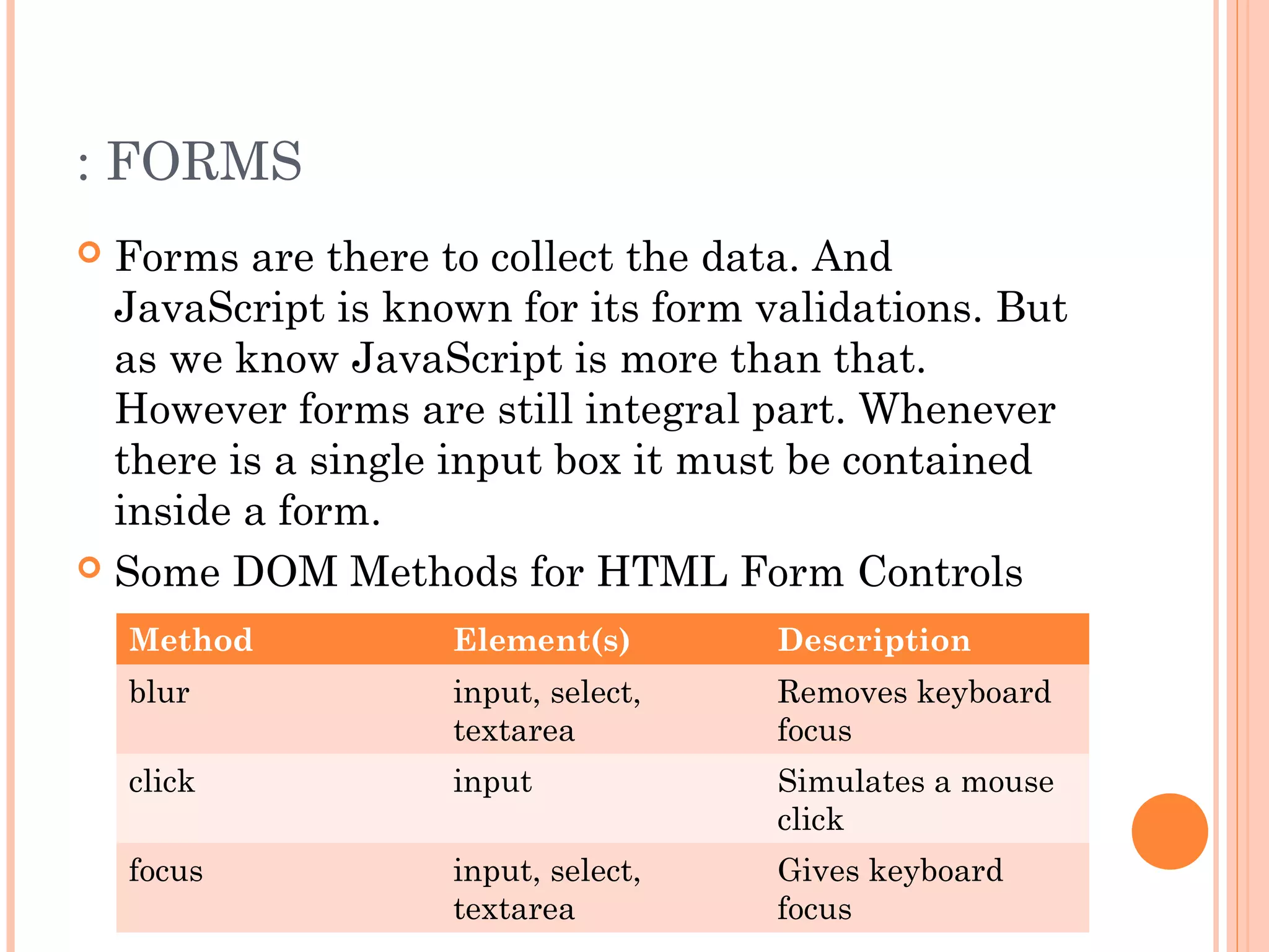 : FORMS
 Forms are there to collect the data. And
JavaScript is known for its form validations. But
as we know JavaScript is more than that.
However forms are still integral part. Whenever
there is a single input box it must be contained
inside a form.
 Some DOM Methods for HTML Form Controls
Method Element(s) Description
blur input, select,
textarea
Removes keyboard
focus
click input Simulates a mouse
click
focus input, select,
textarea
Gives keyboard
focus
 