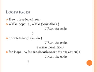 LOOPS FACES 
 How these look like?: 
 while loop: i.e., while (condition) { 
// Run the code 
} 
 do-while loop: i.e., do { 
// Run the code 
} while (condition) 
 for loop: i.e., for (declaration; condition; action) { 
// Run the code 
} 
 