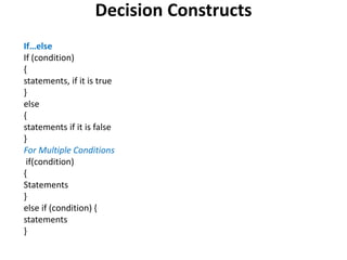 Decision Constructs
If…else
If (condition)
{
statements, if it is true
}
else
{
statements if it is false
}
For Multiple Conditions
if(condition)
{
Statements
}
else if (condition) {
statements
}
 