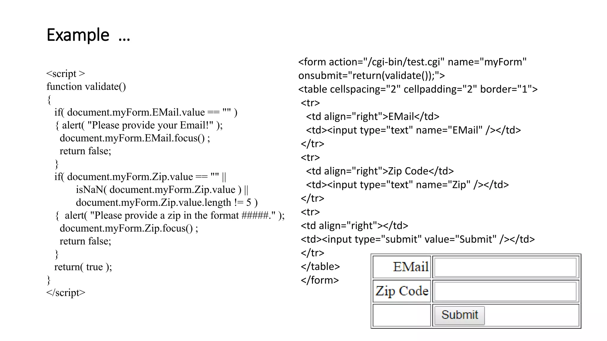 Example …
<script >
function validate()
{
if( document.myForm.EMail.value == "" )
{ alert( "Please provide your Email!" );
document.myForm.EMail.focus() ;
return false;
}
if( document.myForm.Zip.value == "" ||
isNaN( document.myForm.Zip.value ) ||
document.myForm.Zip.value.length != 5 )
{ alert( "Please provide a zip in the format #####." );
document.myForm.Zip.focus() ;
return false;
}
return( true );
}
</script>
<form action="/cgi-bin/test.cgi" name="myForm"
onsubmit="return(validate());">
<table cellspacing="2" cellpadding="2" border="1">
<tr>
<td align="right">EMail</td>
<td><input type="text" name="EMail" /></td>
</tr>
<tr>
<td align="right">Zip Code</td>
<td><input type="text" name="Zip" /></td>
</tr>
<tr>
<td align="right"></td>
<td><input type="submit" value="Submit" /></td>
</tr>
</table>
</form>
 