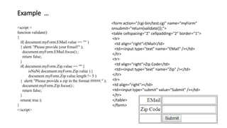 Example …
<script >
function validate()
{
if( document.myForm.EMail.value == "" )
{ alert( "Please provide your Email!" );
document.myForm.EMail.focus() ;
return false;
}
if( document.myForm.Zip.value == "" ||
isNaN( document.myForm.Zip.value ) ||
document.myForm.Zip.value.length != 5 )
{ alert( "Please provide a zip in the format #####." );
document.myForm.Zip.focus() ;
return false;
}
return( true );
}
</script>
<form action="/cgi-bin/test.cgi" name="myForm"
onsubmit="return(validate());">
<table cellspacing="2" cellpadding="2" border="1">
<tr>
<td align="right">EMail</td>
<td><input type="text" name="EMail" /></td>
</tr>
<tr>
<td align="right">Zip Code</td>
<td><input type="text" name="Zip" /></td>
</tr>
<tr>
<td align="right"></td>
<td><input type="submit" value="Submit" /></td>
</tr>
</table>
</form>
 