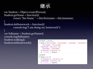承继
var Student = Object.create(Person);
Student.getName = function(){
return "Stu Name: " + this.firstname + this.lastname;
}
Student.doHomework = function(){
console.log("I am doing my homework");
}
var fullname = Student.getName();
console.log(fullname);
Student.walking();
Student.doHomework();
 