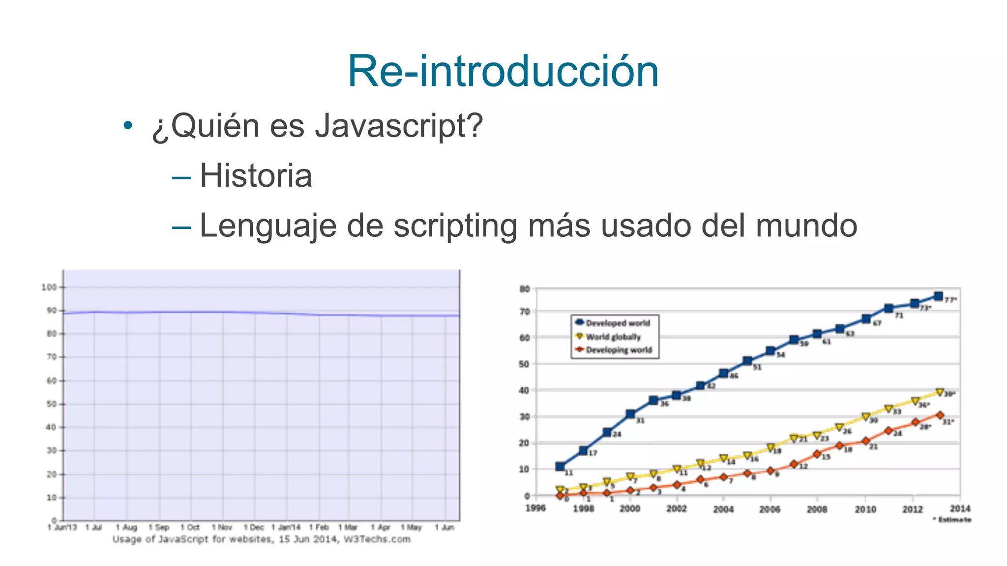 Re-introducción
• ¿Quién es Javascript?
– Historia
– Lenguaje de scripting más usado del mundo
 