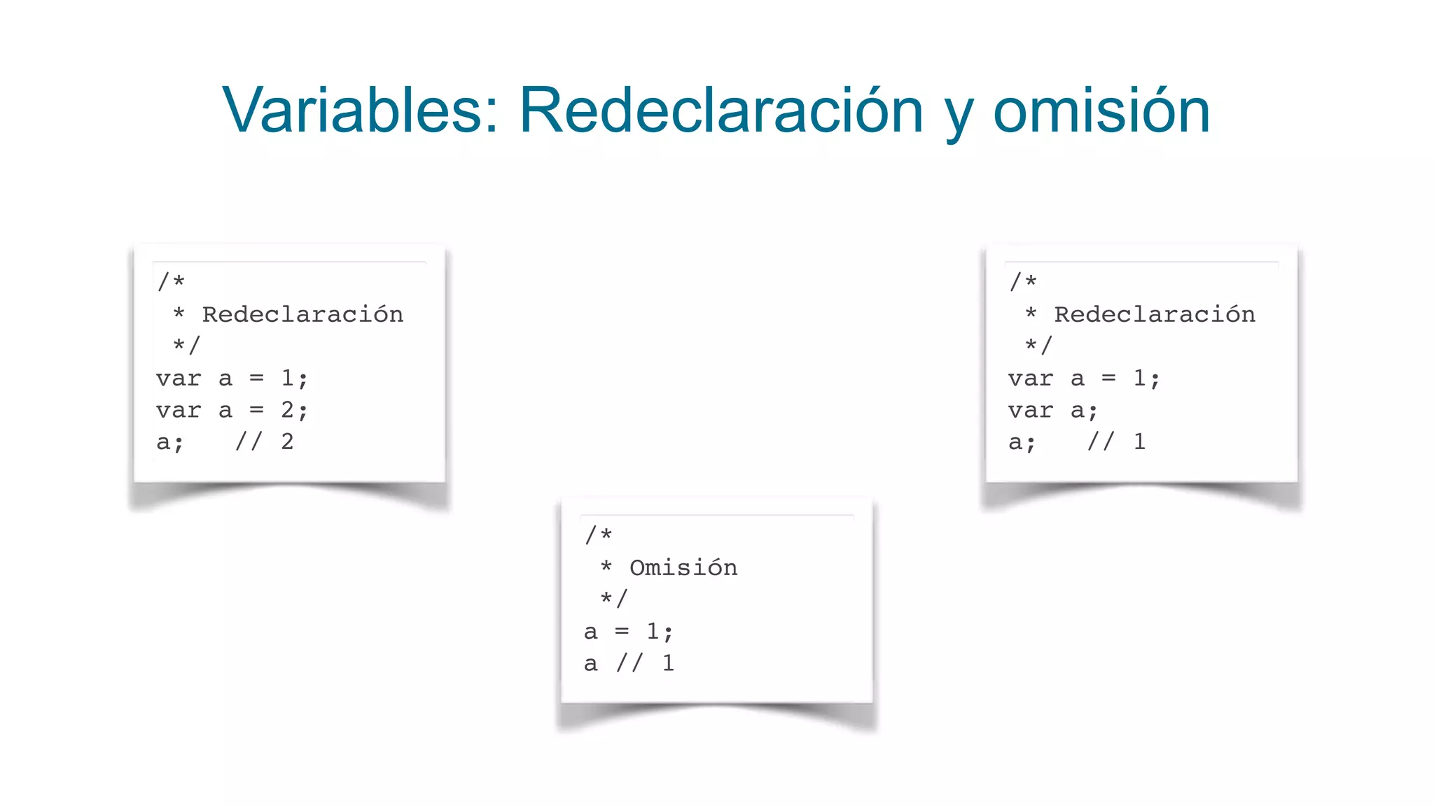 Variables: Redeclaración y omisión
/*
* Redeclaración
*/
var a = 1;
var a = 2;
a; // 2
/*
* Redeclaración
*/
var a = 1;
var a;
a; // 1
/*
* Omisión
*/
a = 1;
a // 1
 