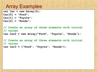Array Examples
var Car = new Array(3);
Car[0] = "Ford";
Car[1] = "Toyota";
Car[2] = "Honda";
// Create an array of three elements with initial
// values
var Car2 = new Array("Ford", "Toyota", "Honda");
// Create an array of three elements with initial
// values
var Car3 = ["Ford", "Toyota", "Honda"];
 