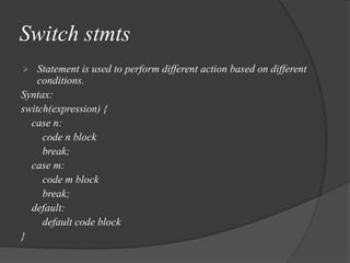 Switch stmts
 Statement is used to perform different action based on different
conditions.
Syntax:
switch(expression) {
case n:
code n block
break;
case m:
code m block
break;
default:
default code block
}
 