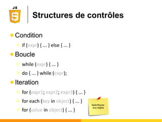 Aspects lexicaux
● Chaque instruction est séparée par un ;
Ο Mais pas obligatoire. Le retour à la ligne suffit.
● Commentaires
Ο Par ligne : // Ceci est un commentaire
Ο Par bloc : /* Ceci est un
commentaire */
● Conventions
Ο Noms de variables et fonctions écrits en CamelCase
Ο Noms de constantes écrits en majuscule
 