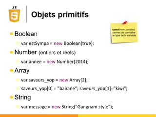 Fonction par expression
● JavaScript permet d'assigner des (pointeurs
sur) fonctions à des variables
Ο Fonctions anonymes dont l'appel se fait au travers des
variables qui les référencent
var messageBox = function () { console.log("Justin Bieber"); };
var messageBox2 = messageBox;
var helloWorld = function (people) { console.log("Hello " + people + "!"); };
messageBox = function () { console.log("Selena Gomez"); };
(function (n) { console.log(n*-1); })(48); //Fonction anonyme auto-appelée
messageBox2(); //Quel est le résultat de cet appel ?
helloWorld("Olivier Le Goaer"); //Quel est le résultat de cet appel ?
 