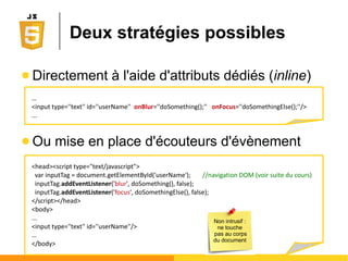 Sous-programmes JS
● Le code des sous-programmes se situe au
niveau de l'entête d'un document Html
● Soit directement
● Soit par inclusion d'un fichier externe
<head>
<script type="text/javascript">
//ici vos définitions de fonctions/procédures JS
//...
</script>
</head>
<head>
<script type="text/javascript" src="./essai.js"></script>
</head>
 