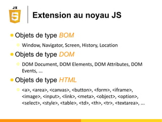 Evènements HTML
Évènement Élément(s) html concerné(s)
onLoad BODY, FRAMESET, OBJECT
onUnload BODY et FRAMESET
onError IMG, OBJECT, BODY et FRAMESET
onAbort BODY et FRAMESET
onSelect INPUT et TEXTAREA
onChange INPUT, SELECT et TEXTAREA
onSubmit FORM
onReset FORM
onFocus LABEL, INPUT, SELECT, TEXTAREA et BUTTON
onBlur LABEL, INPUT, SELECT, TEXTAREA et BUTTON
onResize BODY
onScroll BODY
onClick Quasiment tout
onMouseOver Quasiment tout
onContextMenu Quasiment tout
 