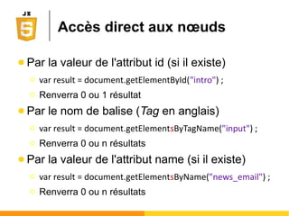 Propriétés d'un nœud
Popriétés Commentaires
childNodes nœuds enfants (Array)
firstChild premier nœud enfant
lastChild dernier nœud enfant
nextSibling prochain nœud d'un type (nœud de
même niveau)
parentNode nœud parent
previousSibling nœud précédent d'un type (nœud
de même niveau)
nodeName nom du nœud
nodeValue valeur / contenu du nœud
nodeType type du nœud
innerHTML contenu littéral html du noeud
 