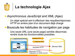 Objets HTML
● Après avoir navigué et atteint le nœud de son
choix, il faut agir dessus
Ο Pour cela, il est nécessaire de connaître sa véritable
nature (son type)
● nœud <body> ? nœud <h1> ?, nœud <img> ? Etc.
Ο Principe : les attributs Html correspondent aux
propriétés de l'objet (en notation CamelCase)
<img src=''tux.gif'' alt=''Linux'' id=''foo''/>
<input type='''text'' value='''' size=''5'' id=''bar''/>
var imgTag = document.getElementById('foo'); //navigation
imgTag.src = ''tux2.gif''; //action !
var inputTag = document.getElementById('bar'); //navigation
inputTag.value = ''coucou''; //action !
inputTag.size = inputTag.size * 2; //action !
 