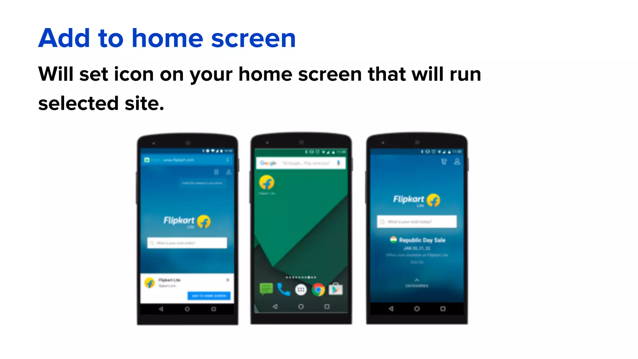 Add to home screen
Will set icon on your home screen that will run
selected site.
 