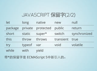 JAVASCRIPT 保留字(2/2)
let long native new null
package private protected public return
short static super* switch synchronized
this throw throws transient true
try typeof var void volatile
while with yield
带*的保留字是 ECMAScript 5中新引入的。
 