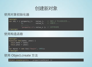 创建新对象
使用对象初始化器
<script>
var obj = { property_1: value_1, // 属性 # 可以是标识符...
2: value_2, // 或数字...
// ...,
"property n": value_n }; // 或字符串等
</script>
使用构造函数
<script>
function Car(make, year) {
this.make = make;
this.year = year;
}
var mycar = new Car("Eagle", 1993);
</script>
使用 Object.create 方法
Object.create(proto, [ propertiesObject ])
 