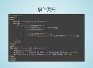 事件委托
<!doctype html>
<html>
<head>
<script src="jquery.js"></script>
<script>
$(document).ready(function(){
$("div").on("click","p",function(){
$(this).slideToggle();
});
$("button").click(function(){
$("<p>A new paragraph.</p>").insertAfter("button");
});
});
</script>
</head>
<body>
<div style="background-color:yellow">
<p>A paragraph.</p>
<p>Click any p element to make it disappear. Including me.</p>
<button>Insert a new p element after this button</button>
</div>
</body>
</html>
 