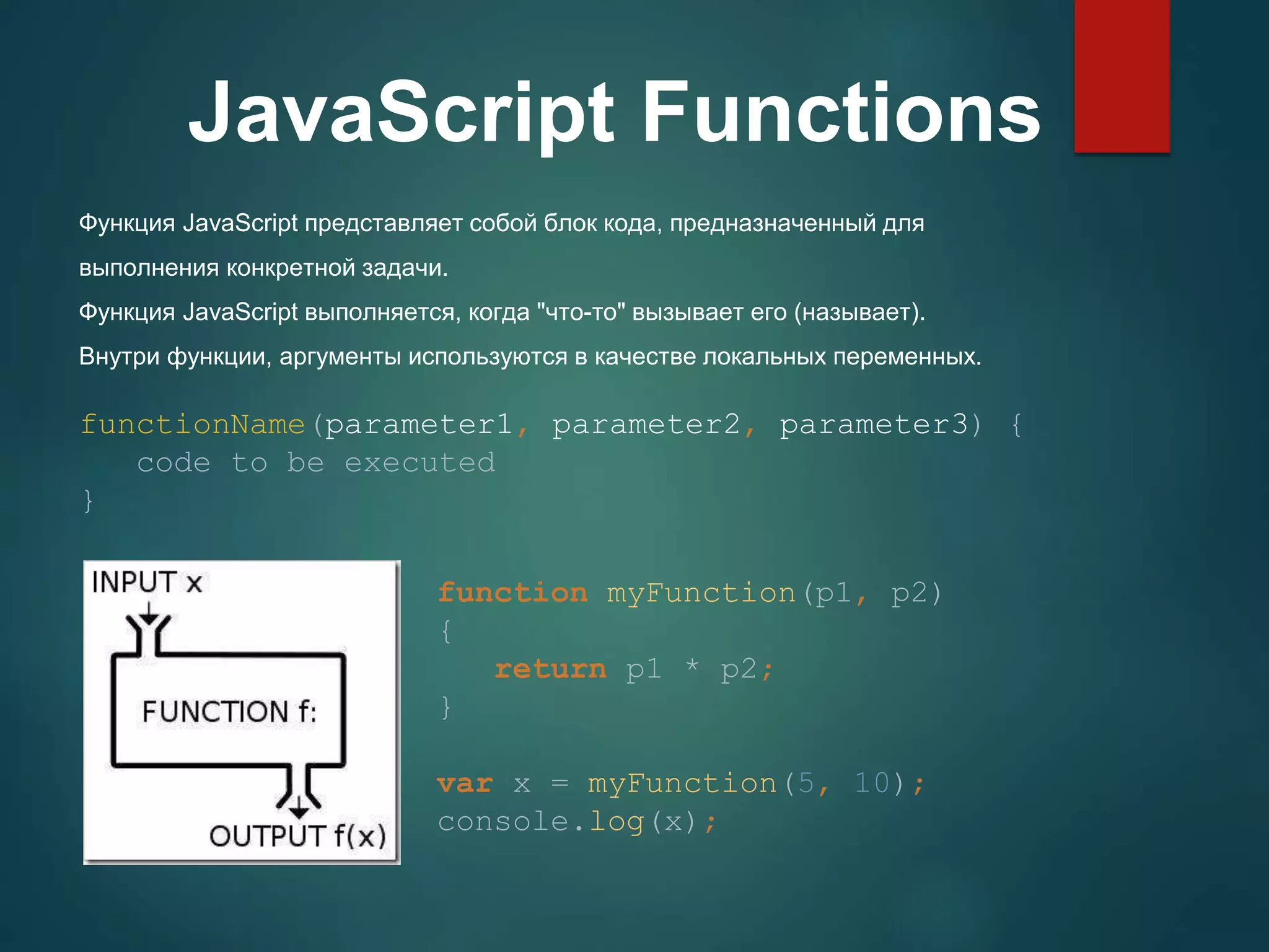 Функция JavaScript представляет собой блок кода, предназначенный для выполнения конкретной задачи. Функция JavaScript выполняется, когда "что-то" вызывает его (называет). Внутри функции, аргументы используются в качестве локальных переменных. functionName(parameter1, parameter2, parameter3) { code to be executed } JavaScript Functions function myFunction(p1, p2) { return p1 * p2; } var x = myFunction(5, 10); console.log(x); 