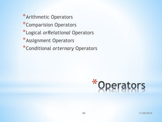 11/20/201640
*
*Arithmetic Operators
*Comparision Operators
*Logical orRelational Operators
*Assignment Operators
*Conditional orternary Operators
 