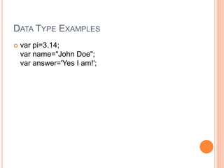 DATA TYPE EXAMPLES
 var pi=3.14;
var name="John Doe";
var answer='Yes I am!';
 